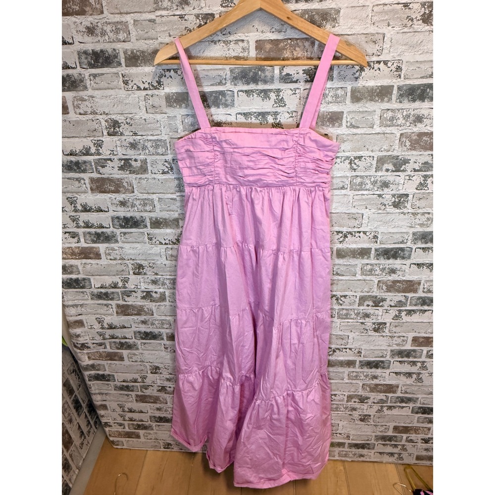 Zara Tiered Midi Dress Womens M Pink Ruched Smocked Cotton Poplin Sleeveless